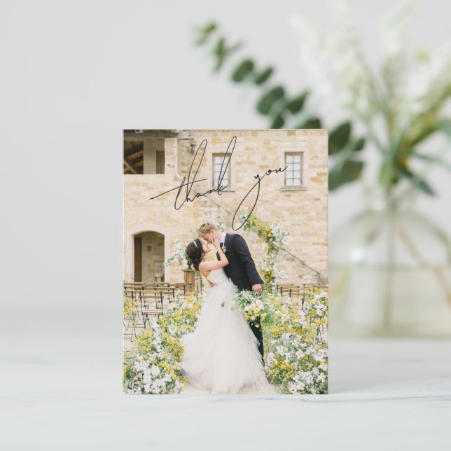 Classic Black and White Photo Elegant Wedding Thank You Card (Standing Front)