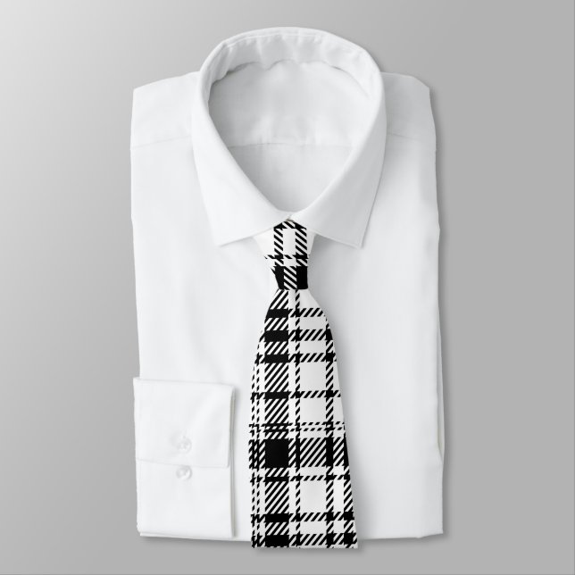 Classic Black and White Plaid  Tie (Tied)