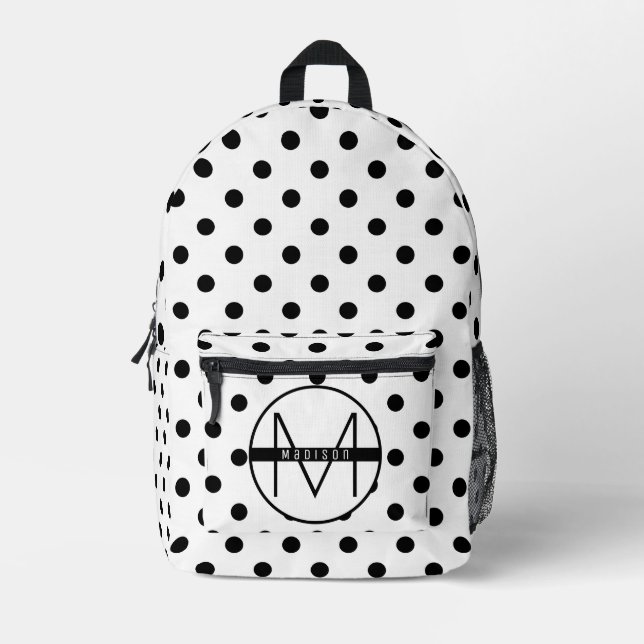 Classic Black and White Polka Dots Monogram Kids Printed Backpack (Front)