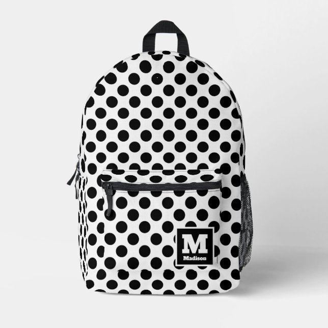 Classic Black and White Polka Dots Monogram Name Printed Backpack (Front)