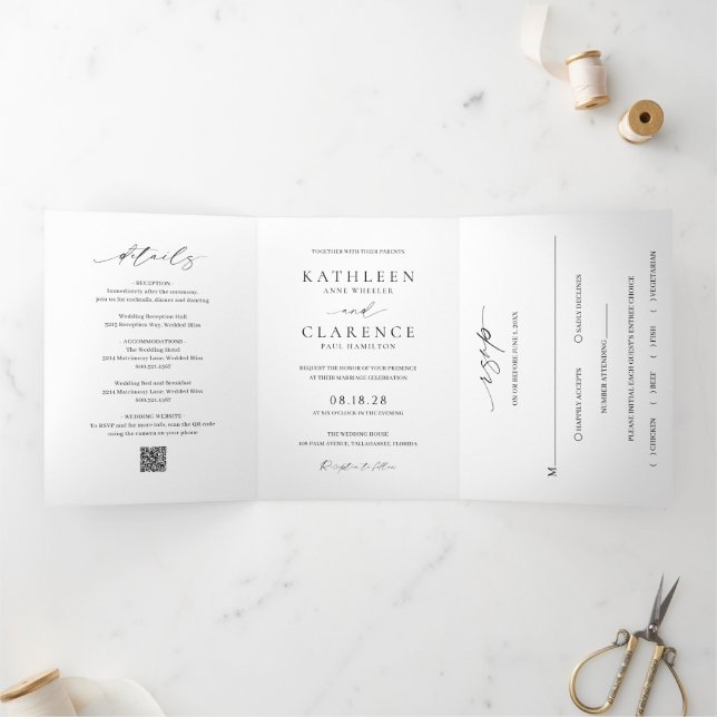 Classic Black and White QR Code Elegant Wedding Tri-Fold Invitation (Inside)