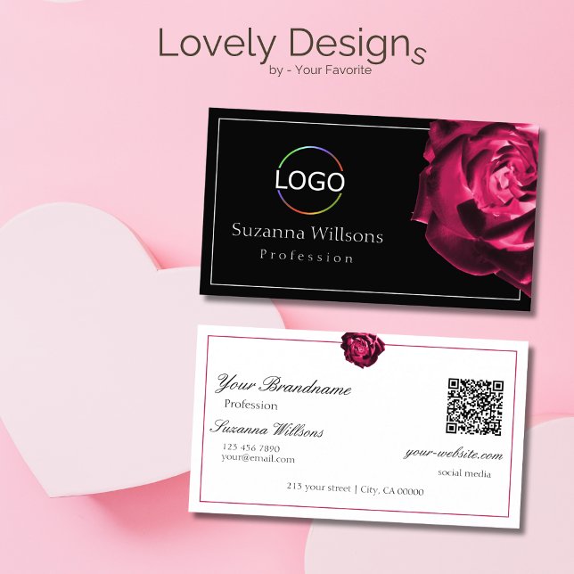Classic Black and White Red Rose with Logo QR Code Business Card (Creator Uploaded)