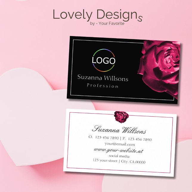 Classic Black and White Red Rose with Logo Simple Business Card (Creator Uploaded)
