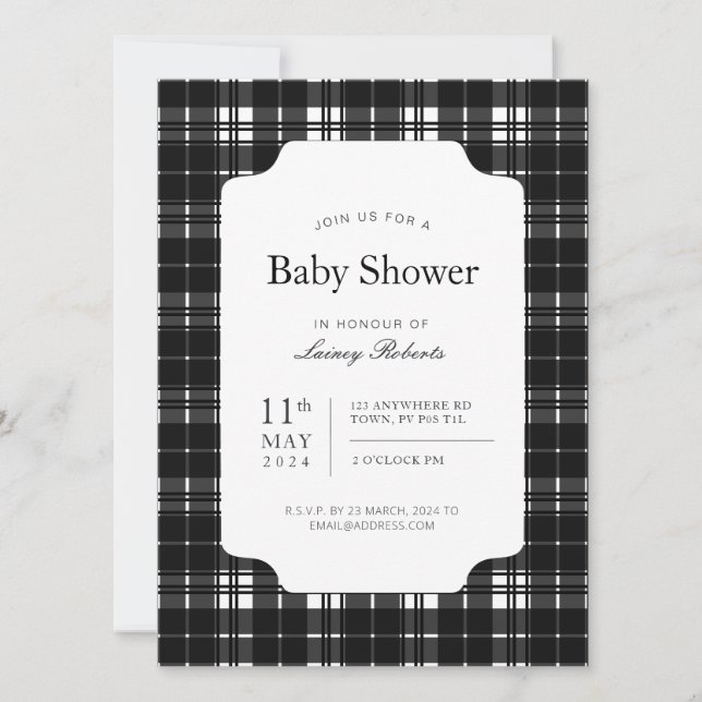 Classic Black and White Robertson Plaid Check Invitation (Front)