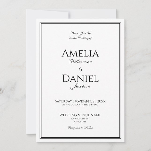 Classic Black and White Script Formal Wedding  Invitation (Front)