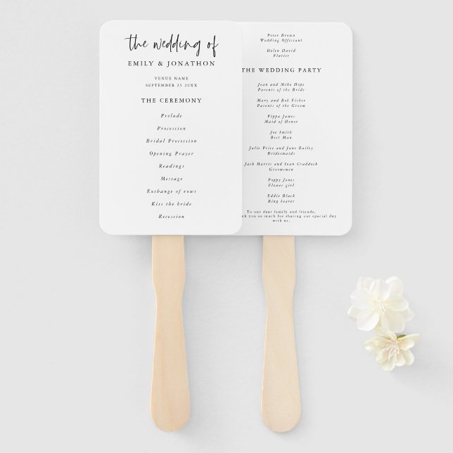 Classic Black and White Script Wedding Program Hand Fan (Front and Back)