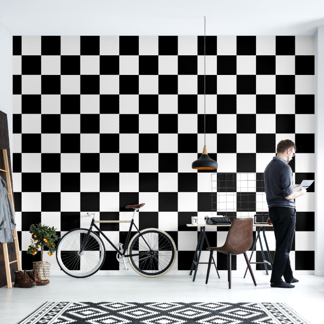 Classic black and white squares pattern wallpaper (Living Room)