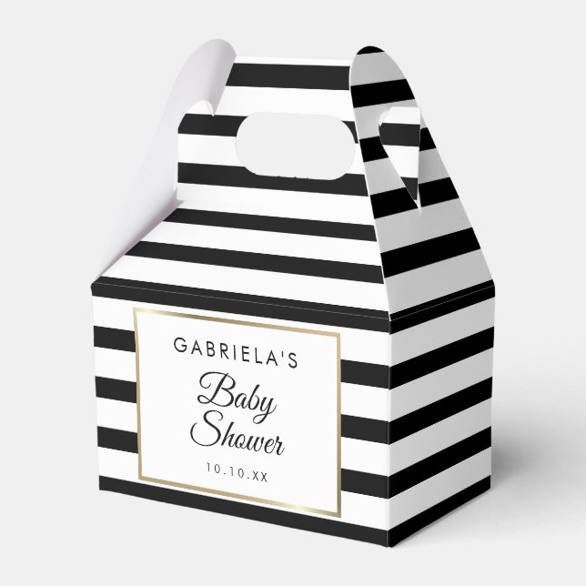 Classic Black And White Stripe Gold Baby Shower Favour Box (Front Side)