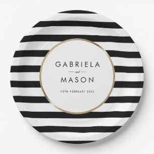 Classic Black and White Stripe Gold Wedding Paper Plate