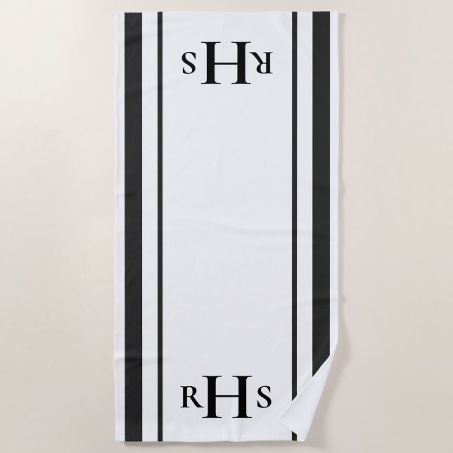 Classic Black and White Striped Monogram Beach Tow Beach Towel (Front)