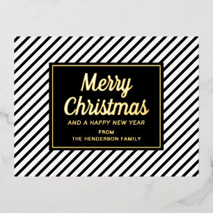 Classic Black And White Stripes Merry Christmas Foil Holiday Postcard
