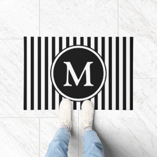 Classic Black And White Stripes Monogram Doormat