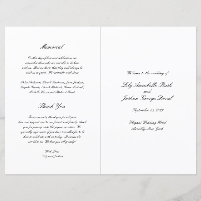 Classic Black and White Timeless Wedding Program (Front)