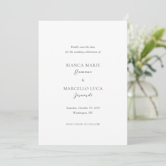Classic Black and White Timeless Wedding Save The Date (Standing Front)