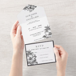 Classic Black and White Wedding All in one RSVP Invitation