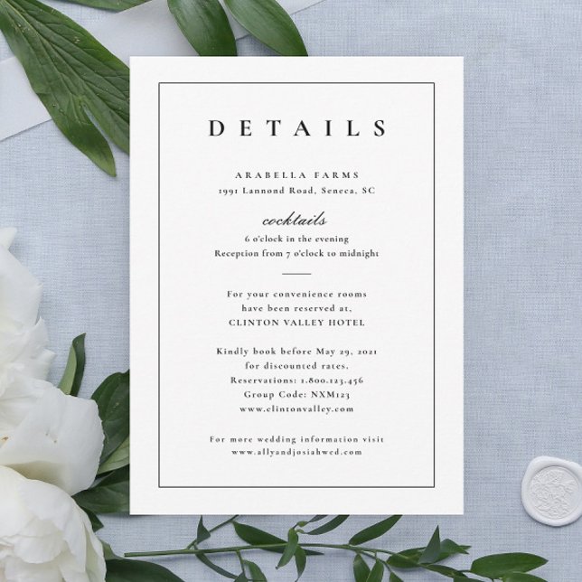 Classic Black and White Wedding Details Enclosure Invitation (Elegant simple typography black and white wedding details enclosure cards.)
