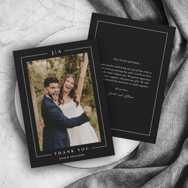 Classic Black and White Wedding Photo Thank You Card (Elegant black and white wedding photo thank you card with monogram and simple typography.)