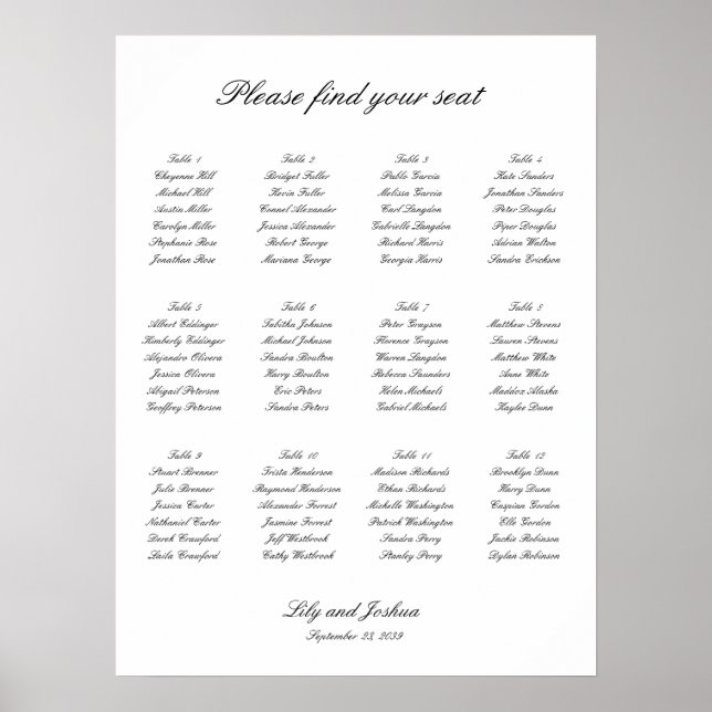 Classic Black and White Wedding Seating Chart (Front)