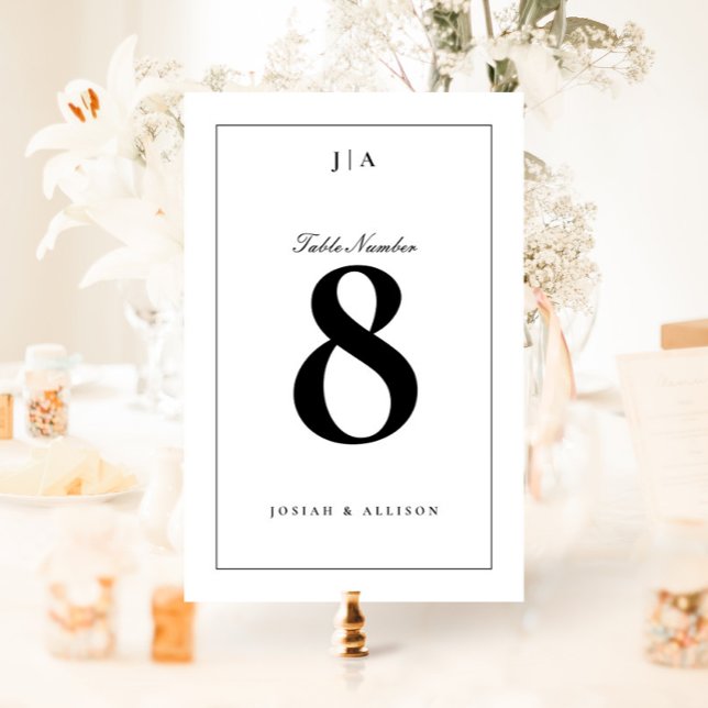 Classic Black and White Wedding Table Number (Elegant black and white wedding monogram table numbers.)