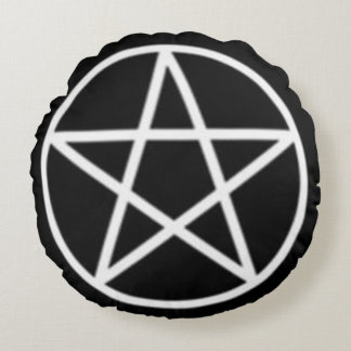 "Classic Black And White Wiccan Pentacle"  Round Cushion