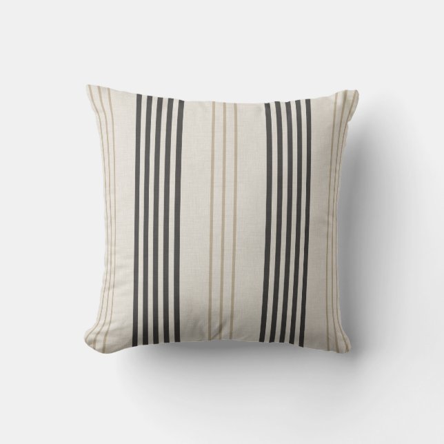 Classic Black Beige Ticking Stripe Pattern Cushion (Front)