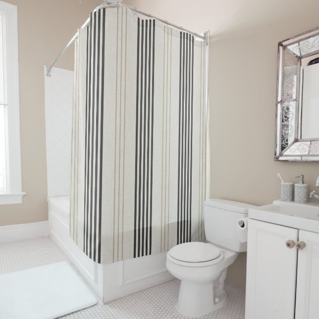 Classic Black Beige Ticking Stripe Pattern Shower Curtain (In Situ)