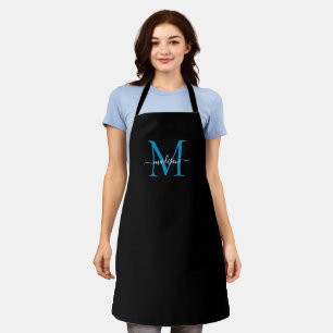 Classic Black Blue Monogram Girly Feminine Script Apron