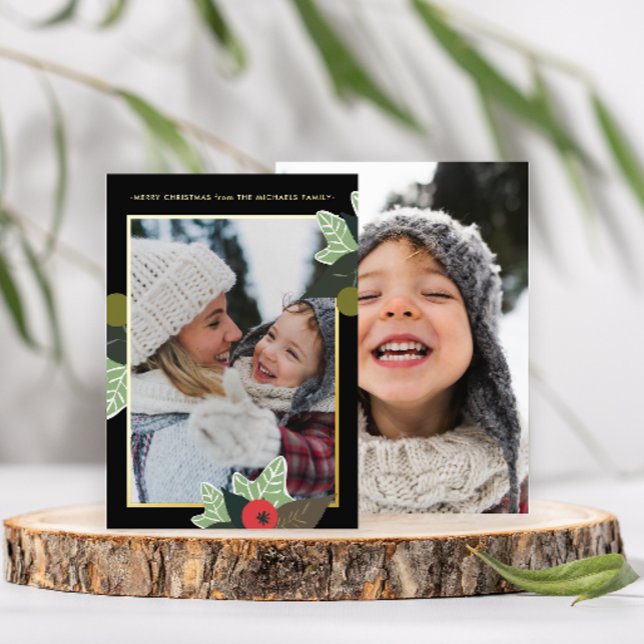 Classic Black Botanical Two Photo Christmas Card (Creator Uploaded)