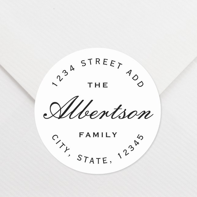 Classic Black Calligraphy Family Name Address Round Sticker (Creator Uploaded)