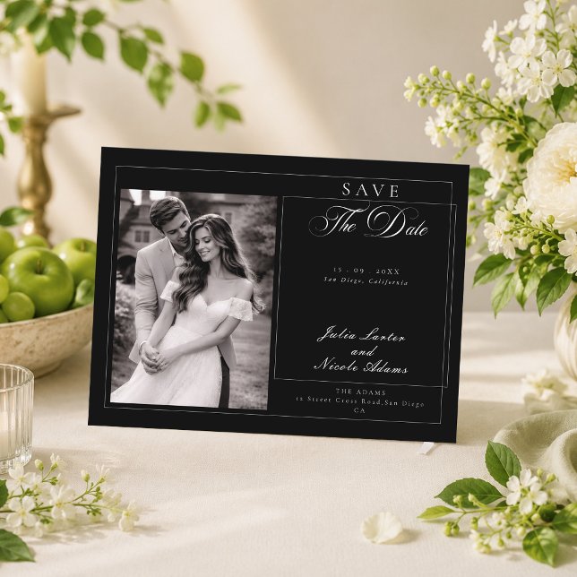 Classic Black Calligraphy Photo Save The Date Postcard (Creator Uploaded)