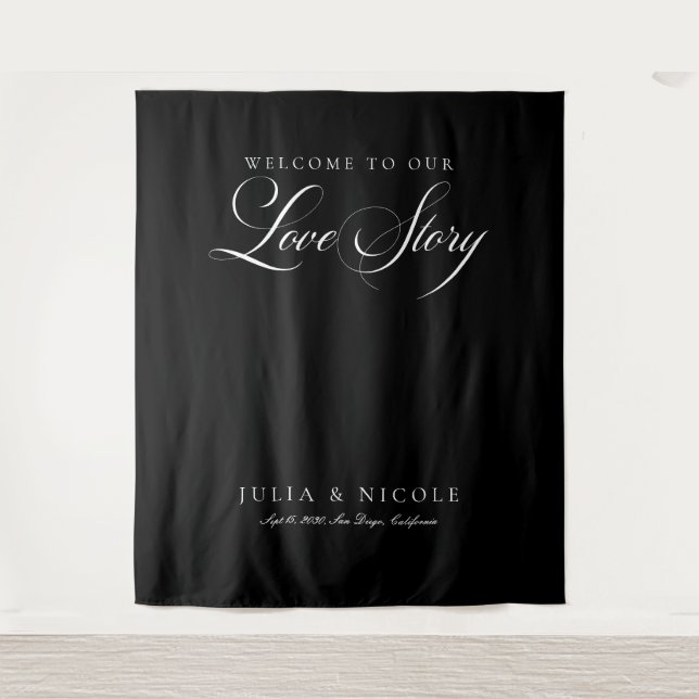 Classic Black Calligraphy Wedding Backdrops Banner Tapestry (Front)