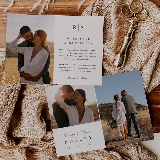 Classic Black & Ecru Monogram Multi Photo Thank You Card (Creator Uploaded)