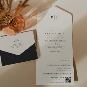 Classic Black & Ecru Monogram Wedding All In One Invitation