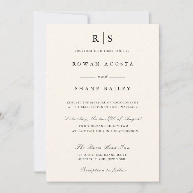 Classic Black & Ecru Monogram Wedding Invitation (Front)
