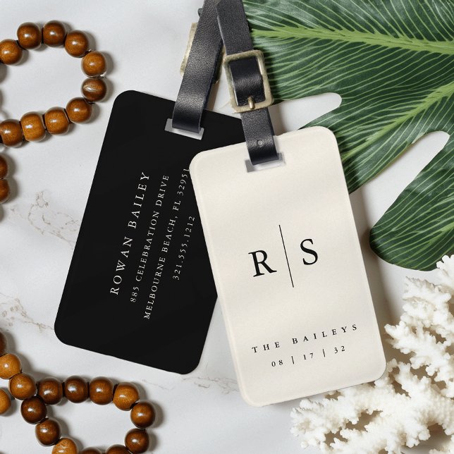 Classic Black & Ecru Monogram Wedding Luggage Tag (Creator Uploaded)