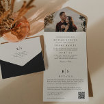 Classic Black & Ecru Monogram Wedding Photo All In One Invitation<br><div class="desc">A horizontal or landscape orientated photo graces the top panel of these traditional wedding invitations in crisp black on rich cream ivory background. A timeless choice for elegant weddings, with beautiful traditional typefaces and a formal layout. The detachable bottom portion features your guest details, wedding website, and a customisable QR...</div>