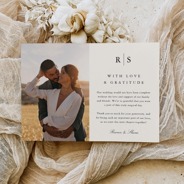 Classic Black & Ecru Monogram Wedding Photo Thank You Card (Creator Uploaded)