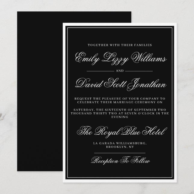 Classic Black Elegant Script Traditional Invitation (Front/Back)