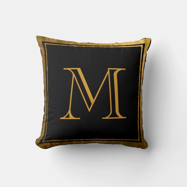 Classic Black Faux Gold Foil Monogram Throw Pillow (Front)