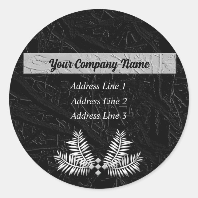 Classic Black Fern Leaves Business Address Round Sticker (Front)
