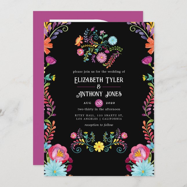 Classic Black Floral Mexican Fiesta Wedding Invitation (Front/Back)