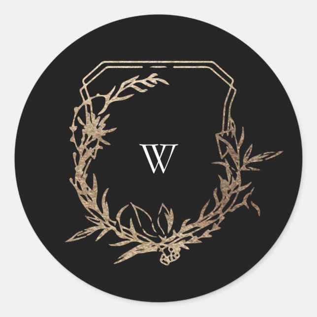 classic black gold botanical motif monogram crest classic round sticker (Front)