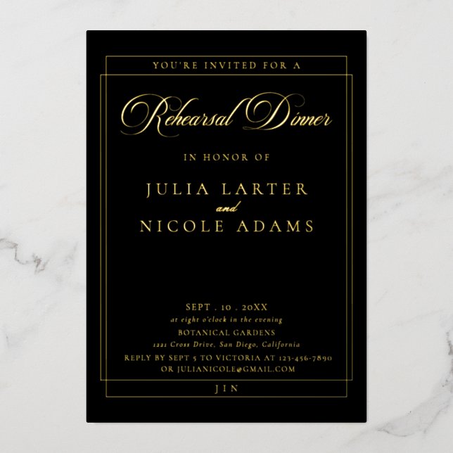 Classic Black Gold Calligraphy Rehearsal Dinner (Front)
