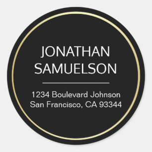 Classic Black Gold Circle Name & Return Address Round Sticker