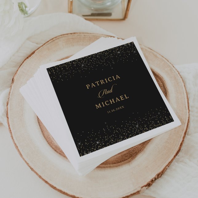 Classic Black Gold Confetti Calligraphy Wedding Napkin (Creator Uploaded)