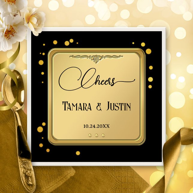 Classic Black Gold Confetti Napkin (Festive gold and black paper napkin with sparkling gold confetti.)