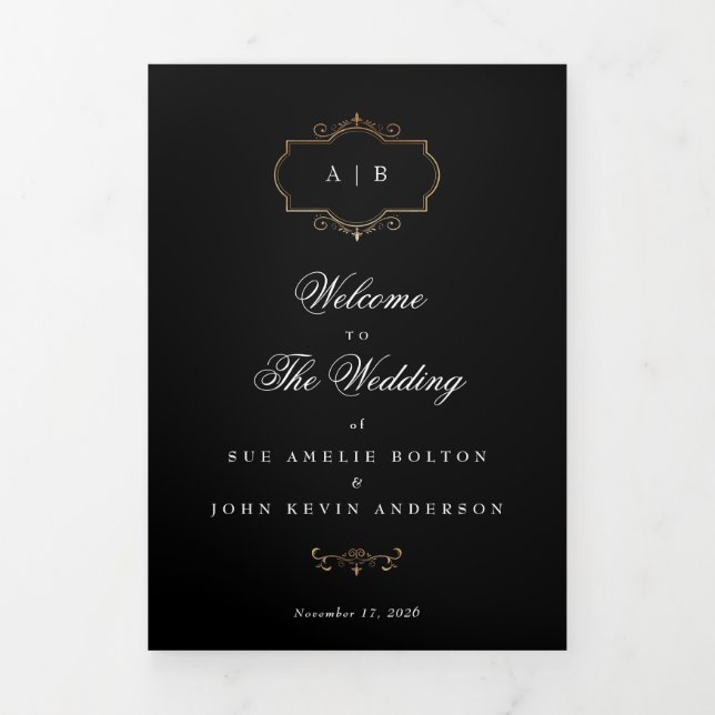 classic black gold crest tri-fold wedding program invitation (Cover)