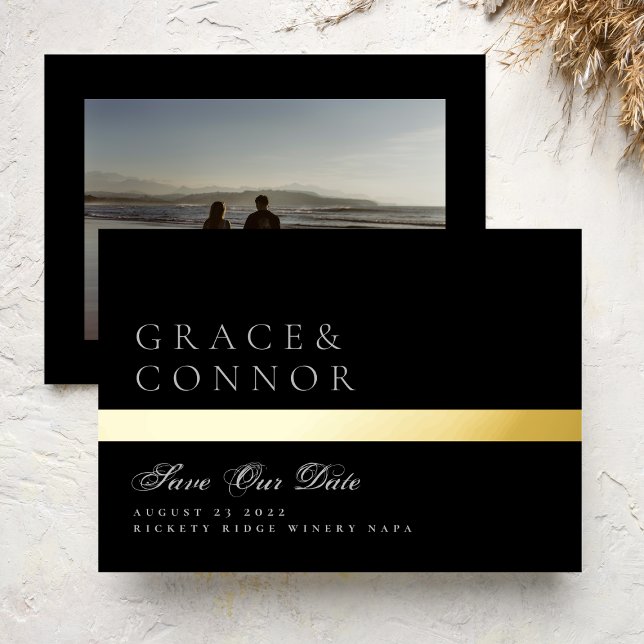 Classic Black Gold Foil Stripe Photo Save The Date (Creator Uploaded)