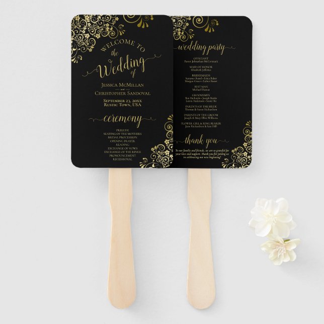 Classic Black & Gold Lace Elegant Wedding Program Hand Fan (Front and Back)
