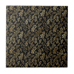 Classic Black Gold Leaves Illustration Tile